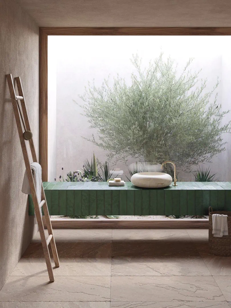 Gres Porcelanosa CANCUN efekt beton - aranzacja w przestronnym holu