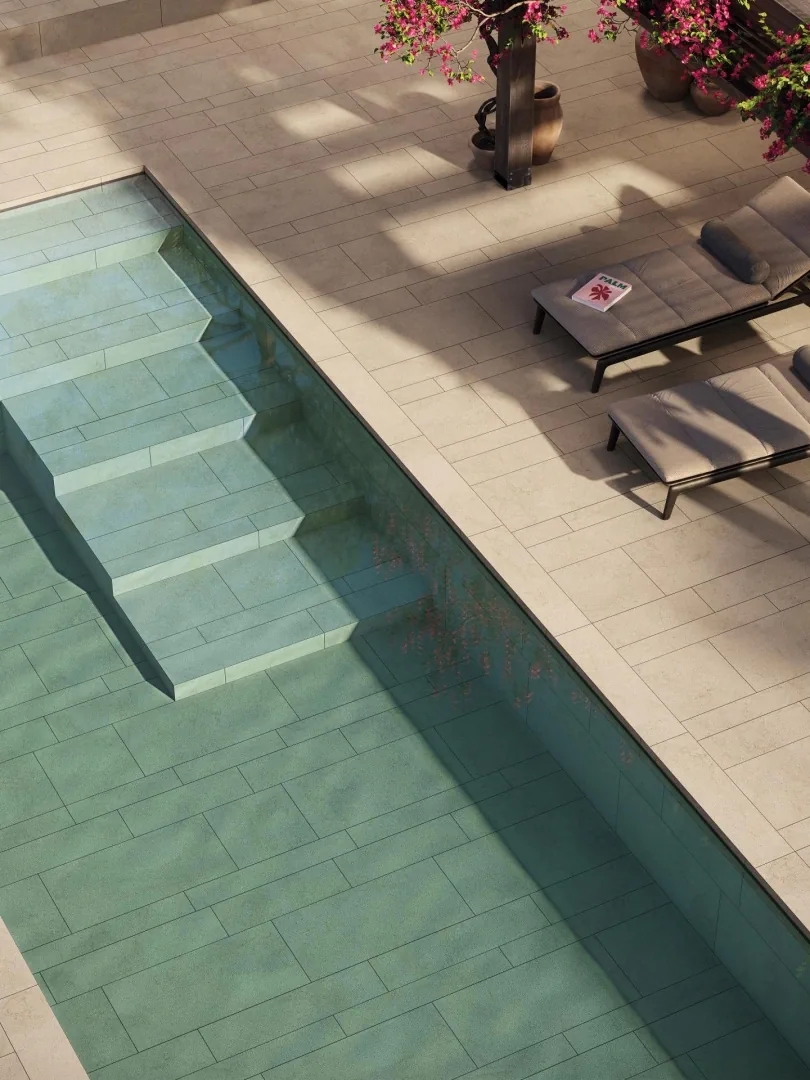 Gres Porcelanosa DORCIA efekt kamień - aranzacja w strefie dziennej z duzymi przeszkleniami