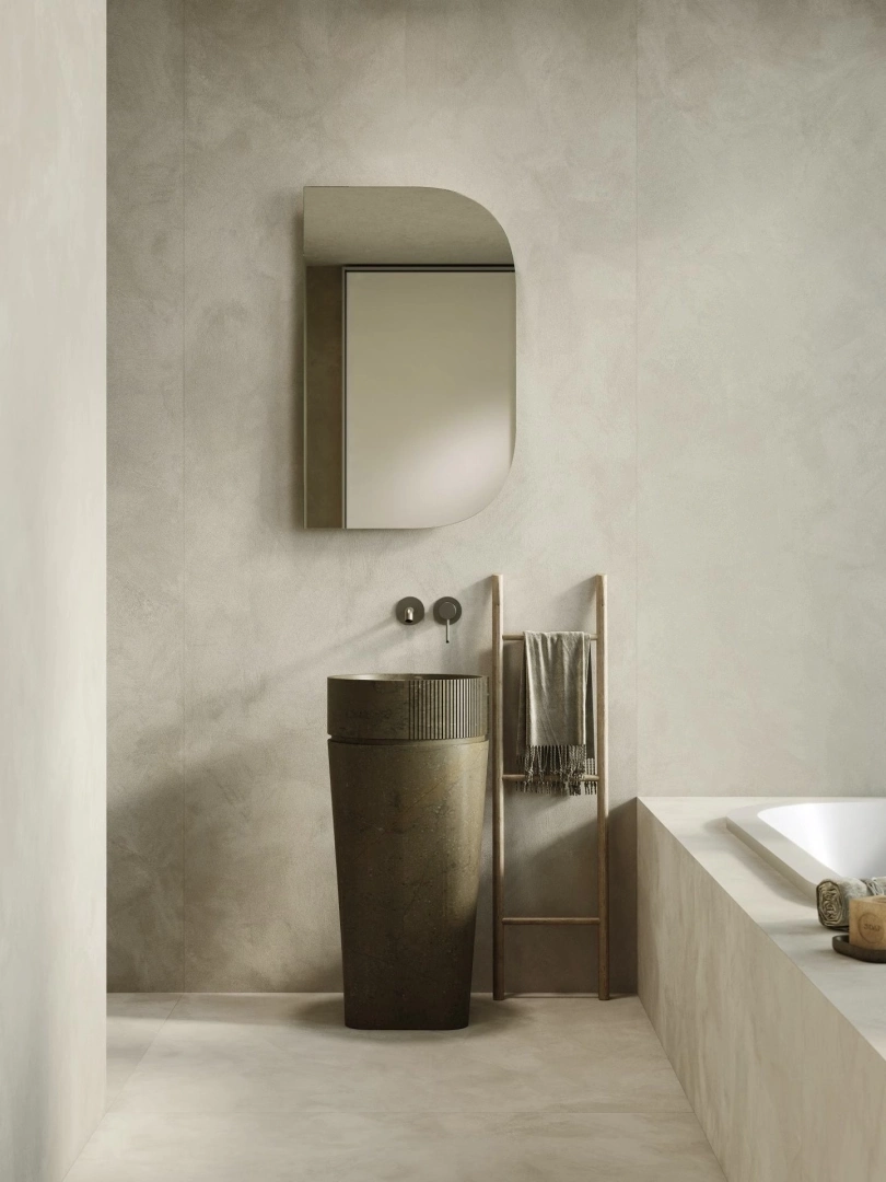 Gres Porcelanosa SANTORINI efekt beton - aranzacja w strefie dziennej z duzymi przeszkleniami