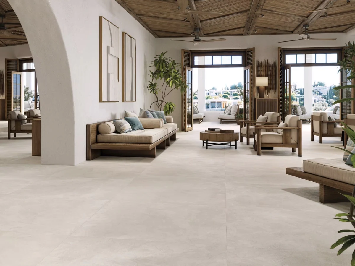 Gres Porcelanosa SANTORINI efekt beton - aranzacja w eleganckiej lazience
