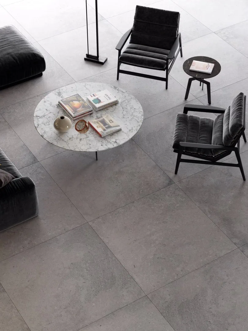 Gres Porcelanosa BERNA efekt kamień - aranzacja w minimalistycznym wnetrzu
