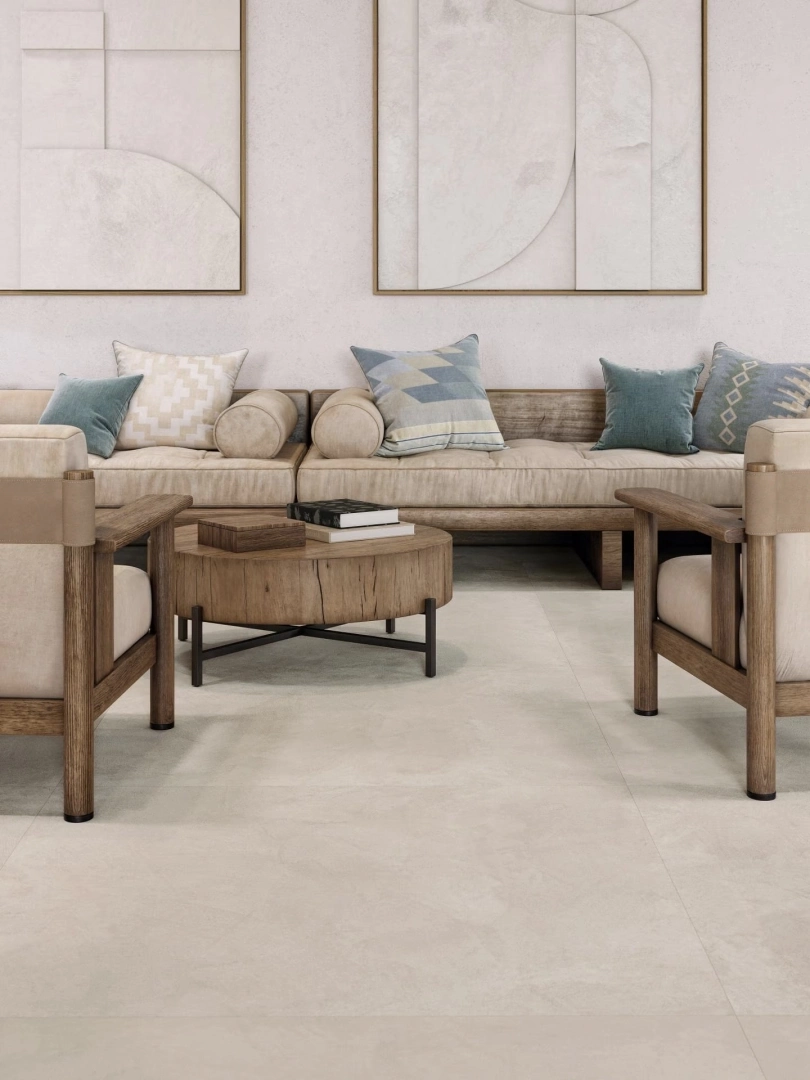 Gres Porcelanosa SANTORINI efekt beton - aranzacja w przestronnym holu