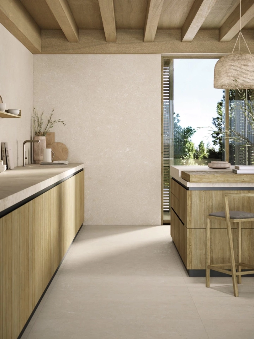 Gres Porcelanosa CANCUN efekt beton - aranzacja w strefie dziennej z duzymi przeszkleniami