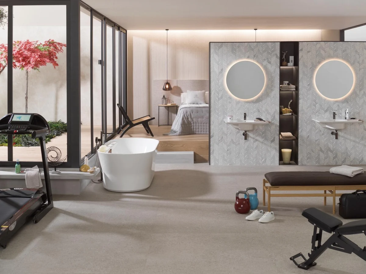 Gres Porcelanosa LINZ efekt kamień - aranzacja w przestronnym holu