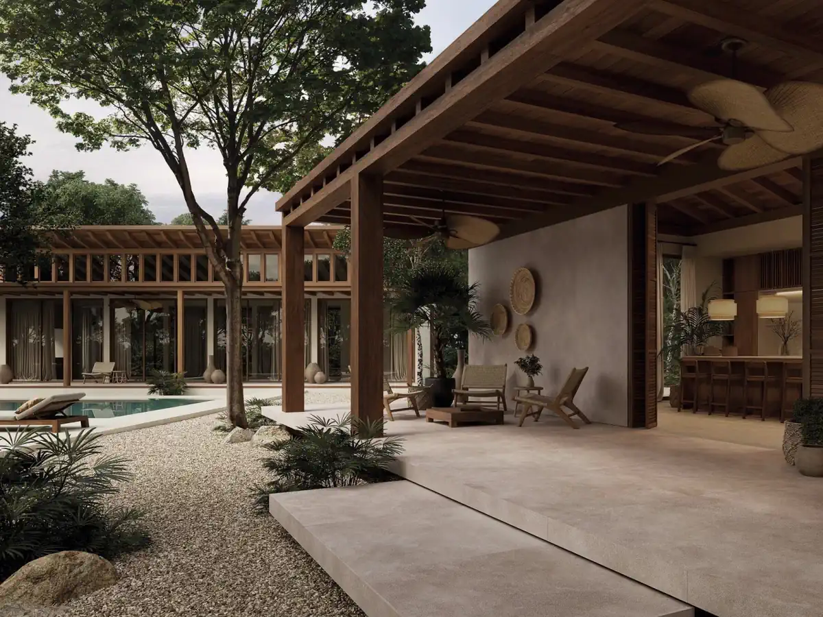 Gres Porcelanosa SAVANNAH efekt kamień - aranzacja w przy kominku