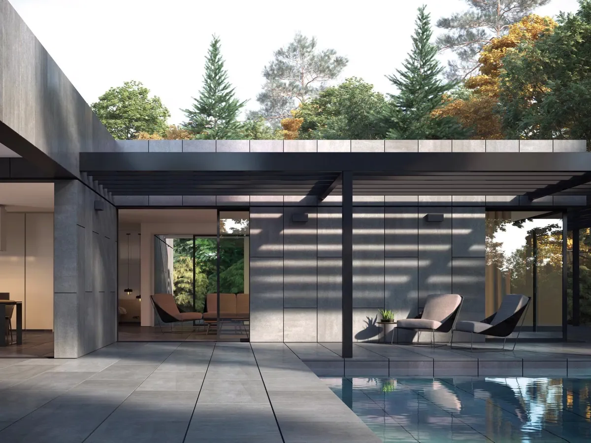 Gres Porcelanosa BOSTON efekt kamień - aranzacja w elewacji domu