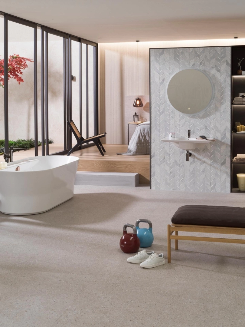 Gres Porcelanosa LINZ efekt kamień - aranzacja w elewacji domu
