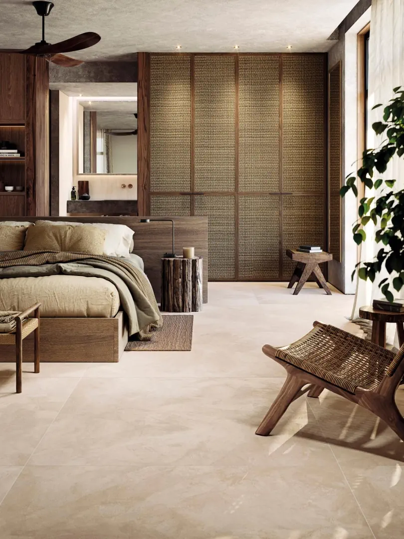 Gres Porcelanosa SANTORINI efekt beton - aranzacja w korytarzu z naturalnym swiatlem