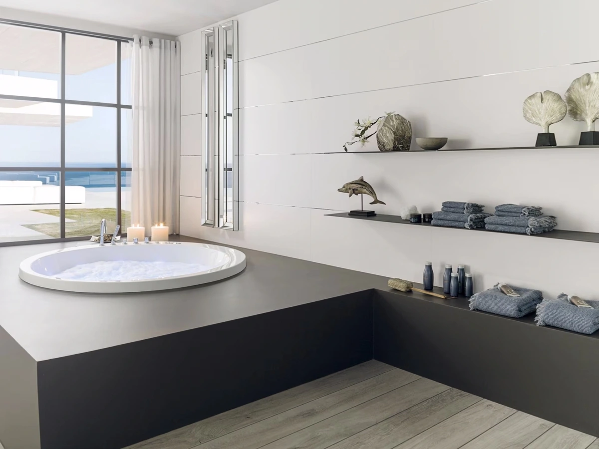 Gres Porcelanosa MARMI CHINA efekt kolor - aranzacja w przestronnym holu