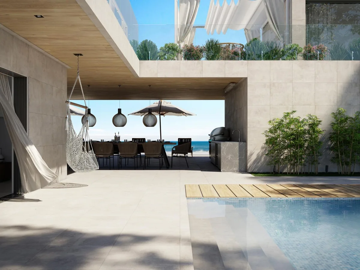 Gres Porcelanosa METROPOLITAN efekt beton - aranzacja w przestronnym holu