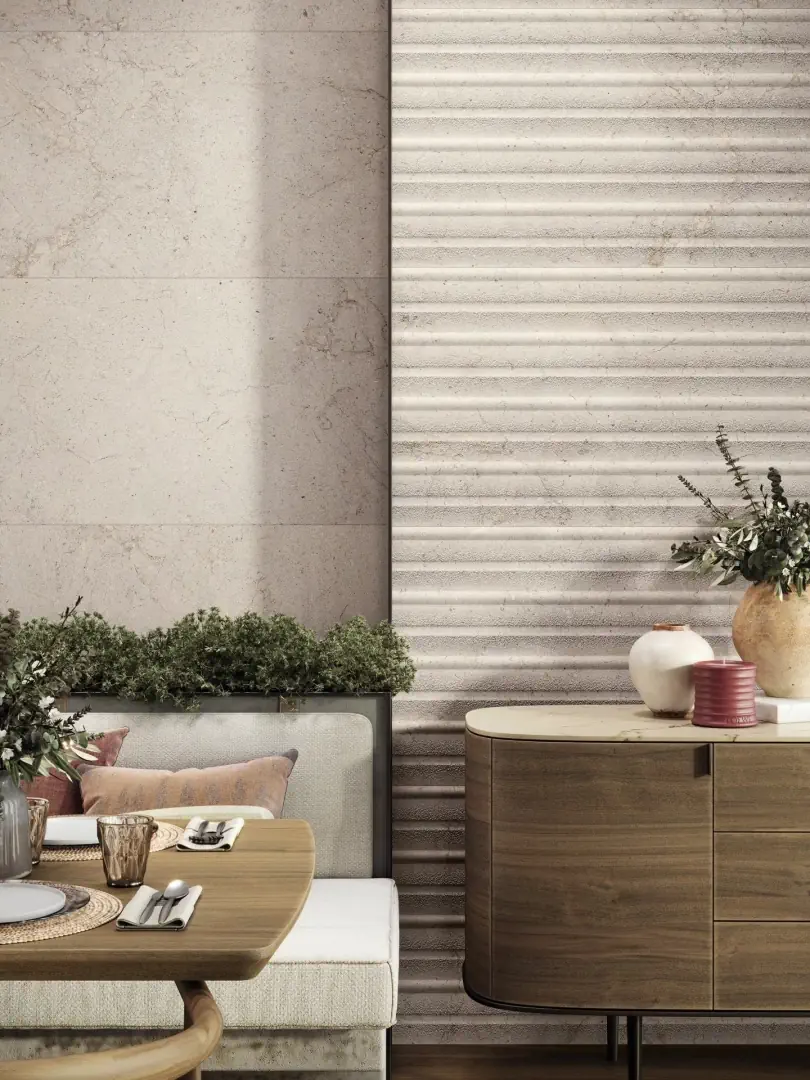 Gres Porcelanosa DORCIA efekt kamień - aranzacja w przestronnym holu