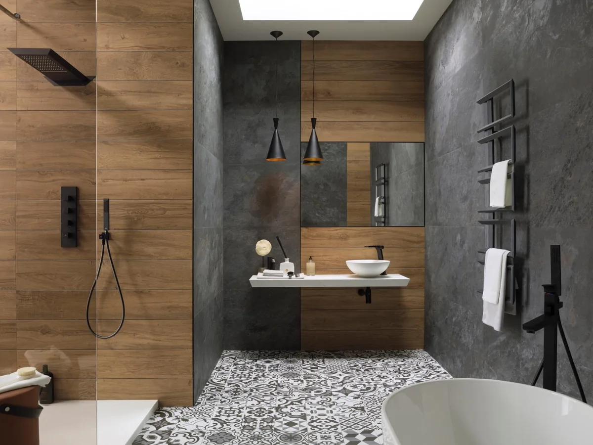 Gres Porcelanosa MANHATTAN efekt drewno - aranzacja w przestronnym holu