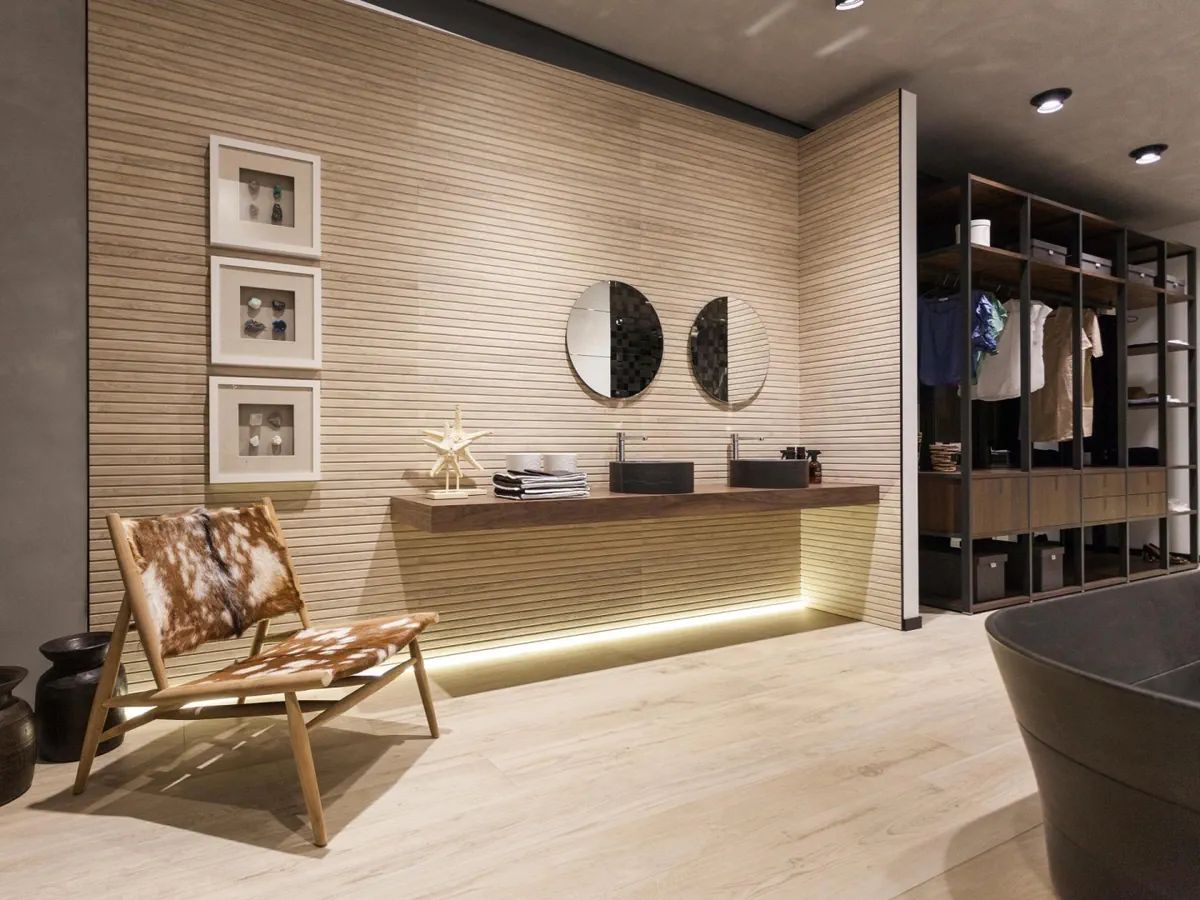 Gres Porcelanosa MANHATTAN efekt drewno - aranzacja w nowoczesnym salonie