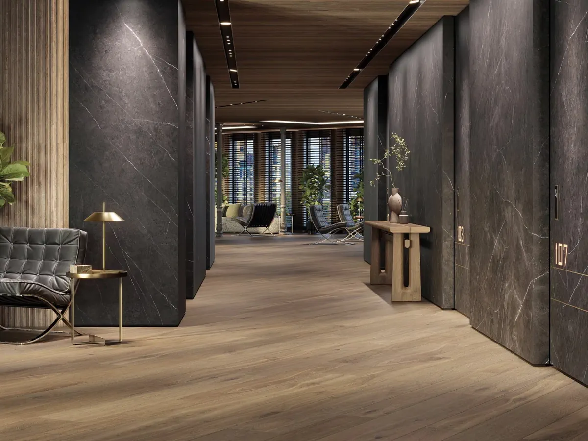 Gres Porcelanosa GENT efekt drewno - aranzacja w minimalistycznym wnetrzu