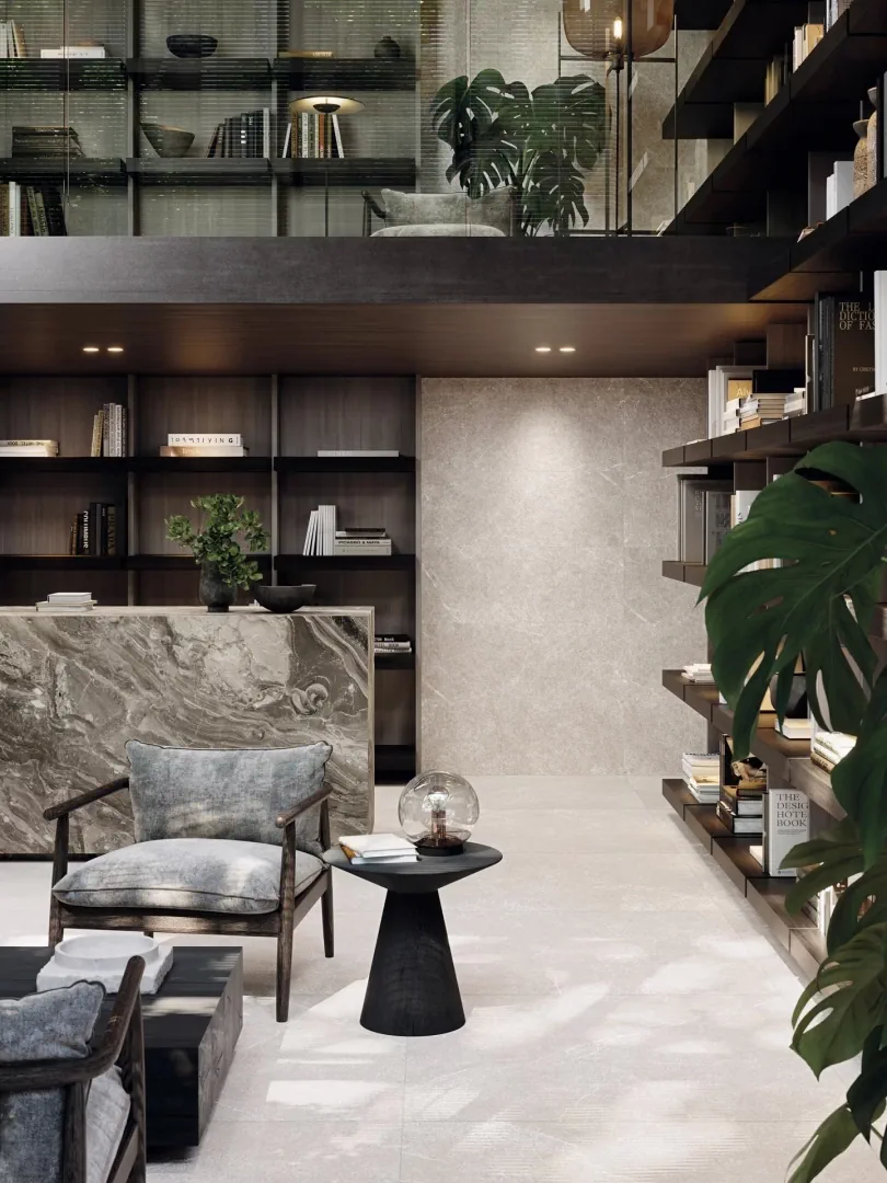 Gres Porcelanosa SADDLE efekt kamień - aranzacja w przestronnym holu