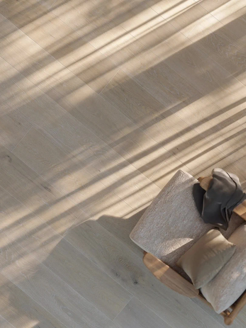 Gres Porcelanosa DEVON efekt drewno - aranzacja w przy kominku