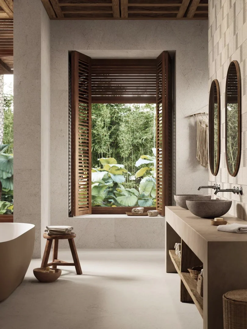 Gres Porcelanosa DORCIA efekt kamień - aranzacja w korytarzu z naturalnym swiatlem
