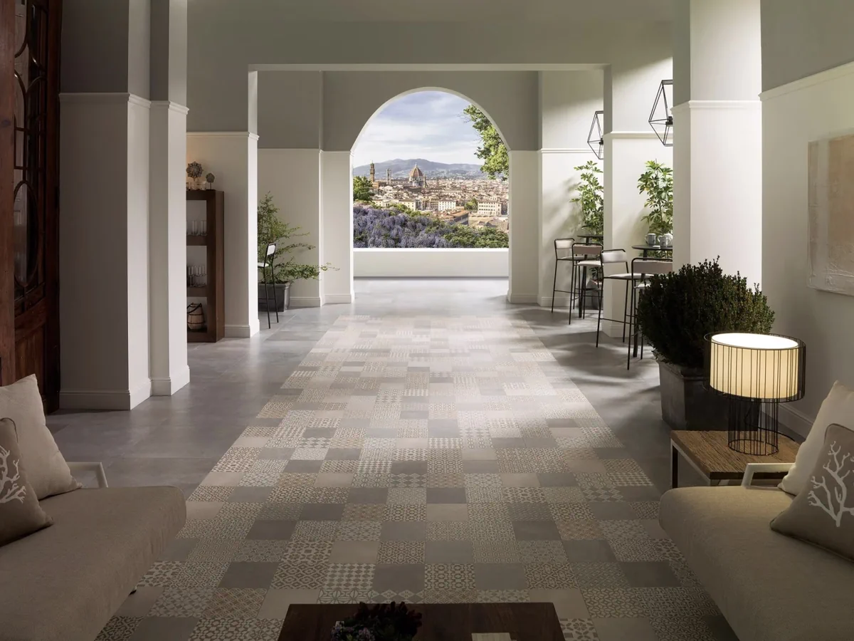 Gres Porcelanosa BOTTEGA efekt beton - aranzacja w przestronnym holu