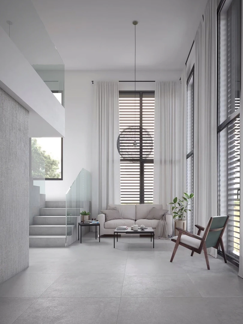 Gres Porcelanosa DOVER efekt beton, kamień - aranzacja w minimalistycznym wnetrzu