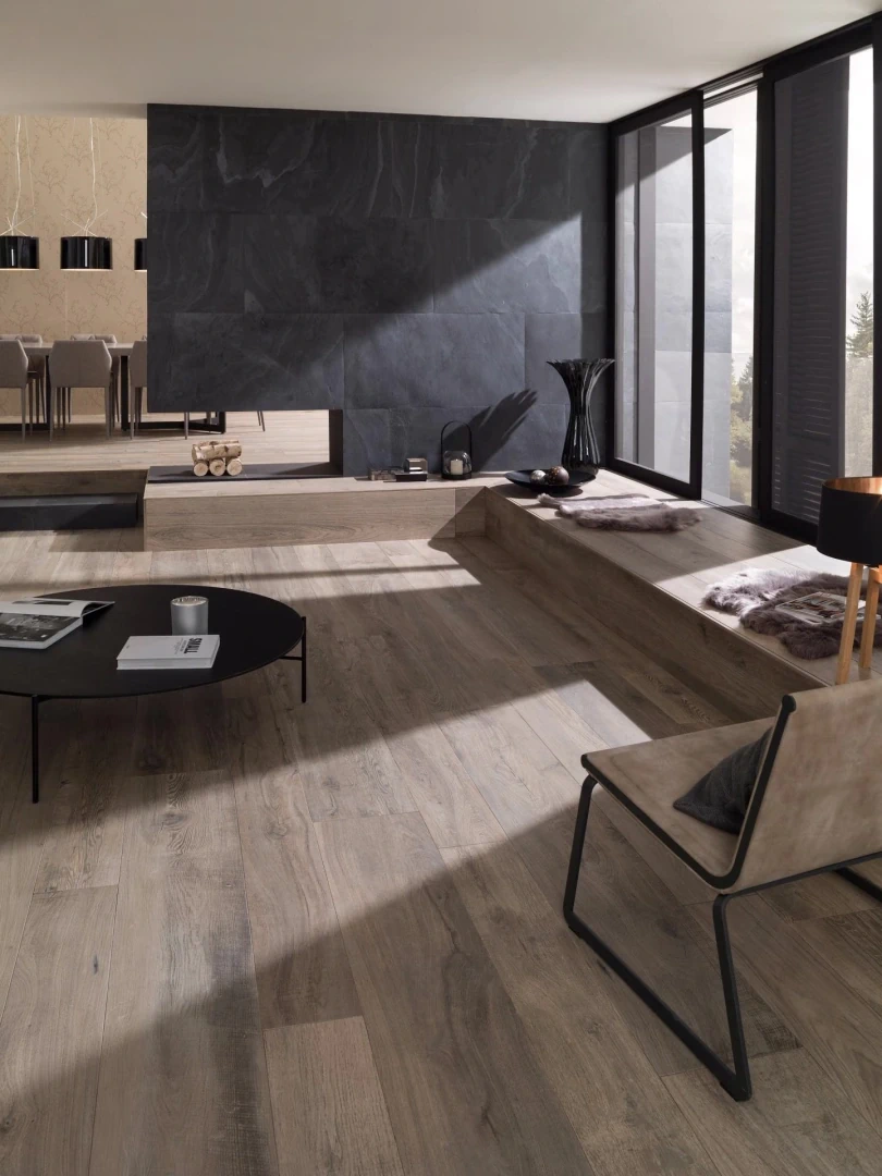 Gres Porcelanosa MANHATTAN efekt drewno - aranzacja w minimalistycznym wnetrzu