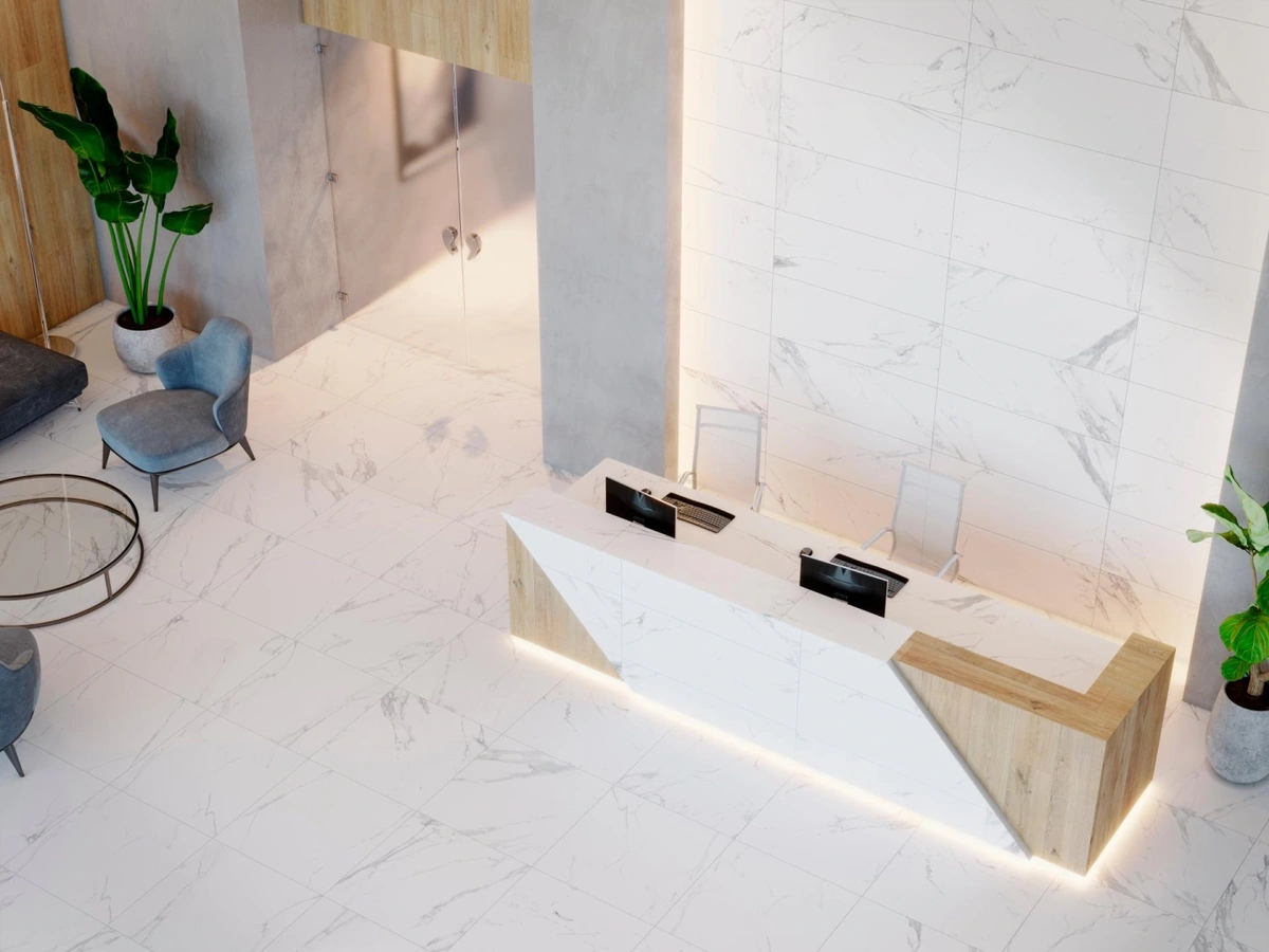 Gres Porcelanosa ARTIC efekt marmur - aranzacja w elewacji domu
