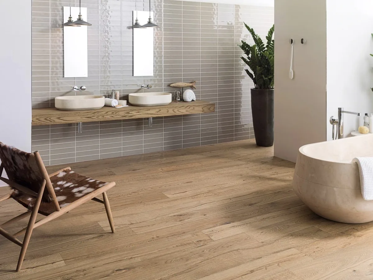 Gres Porcelanosa DELAWARE efekt drewno - aranzacja w minimalistycznym wnetrzu