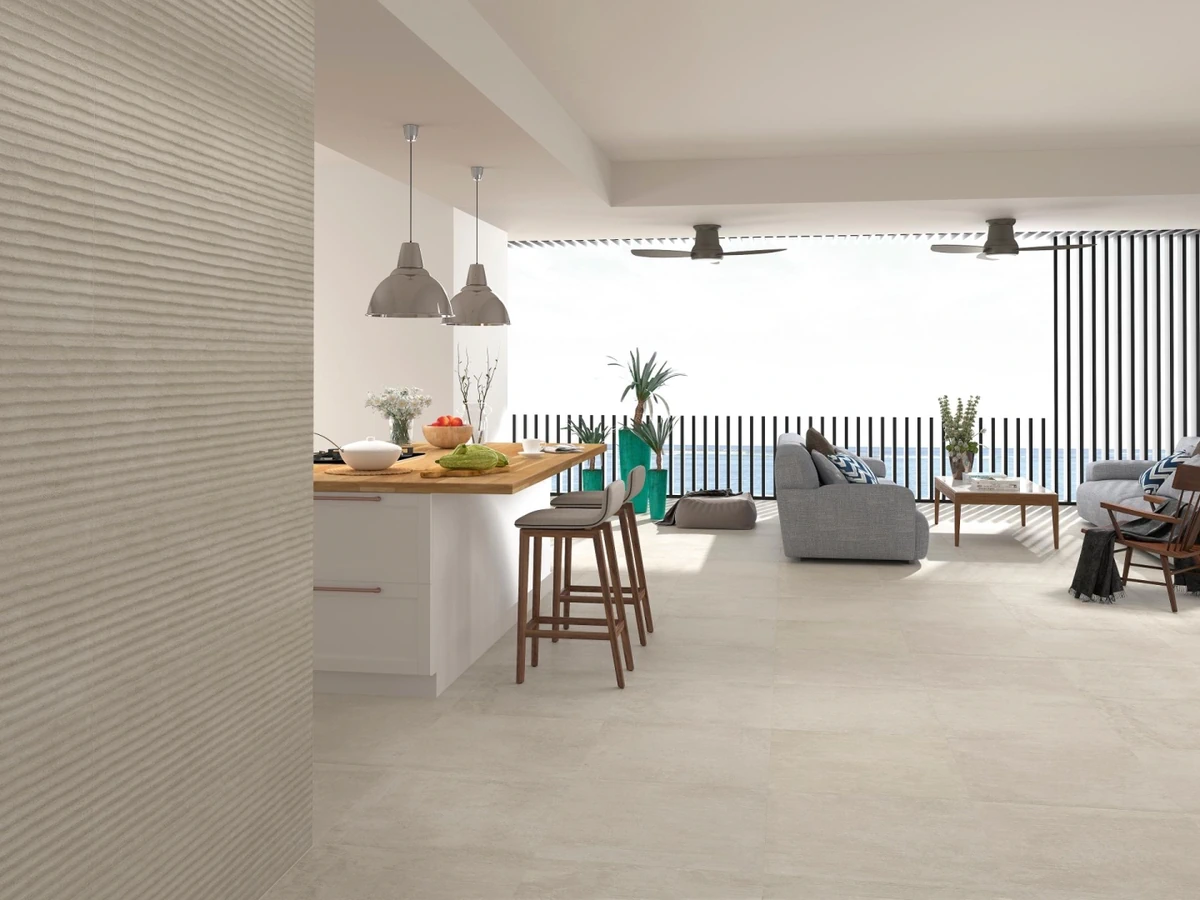 Gres Porcelanosa NEWPORT efekt beton - aranzacja w strefie dziennej z duzymi przeszkleniami