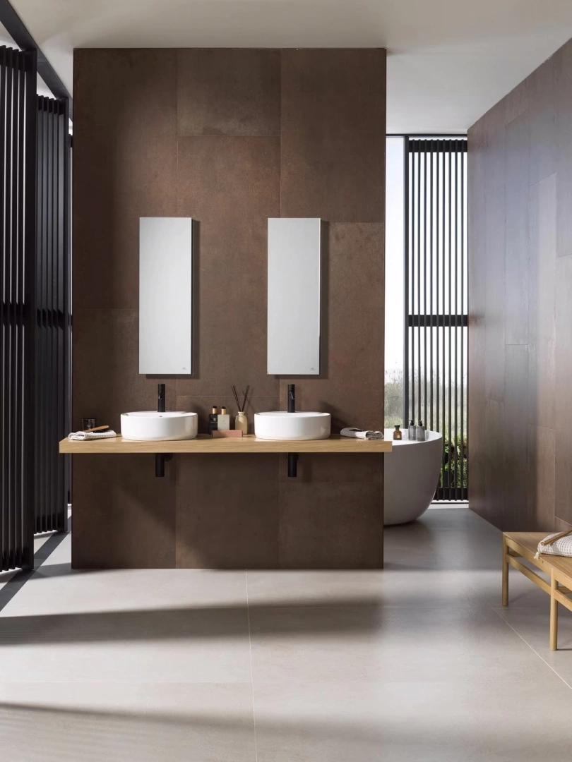 Gres Porcelanosa ADDA efekt beton, kamień - aranzacja w eleganckiej lazience