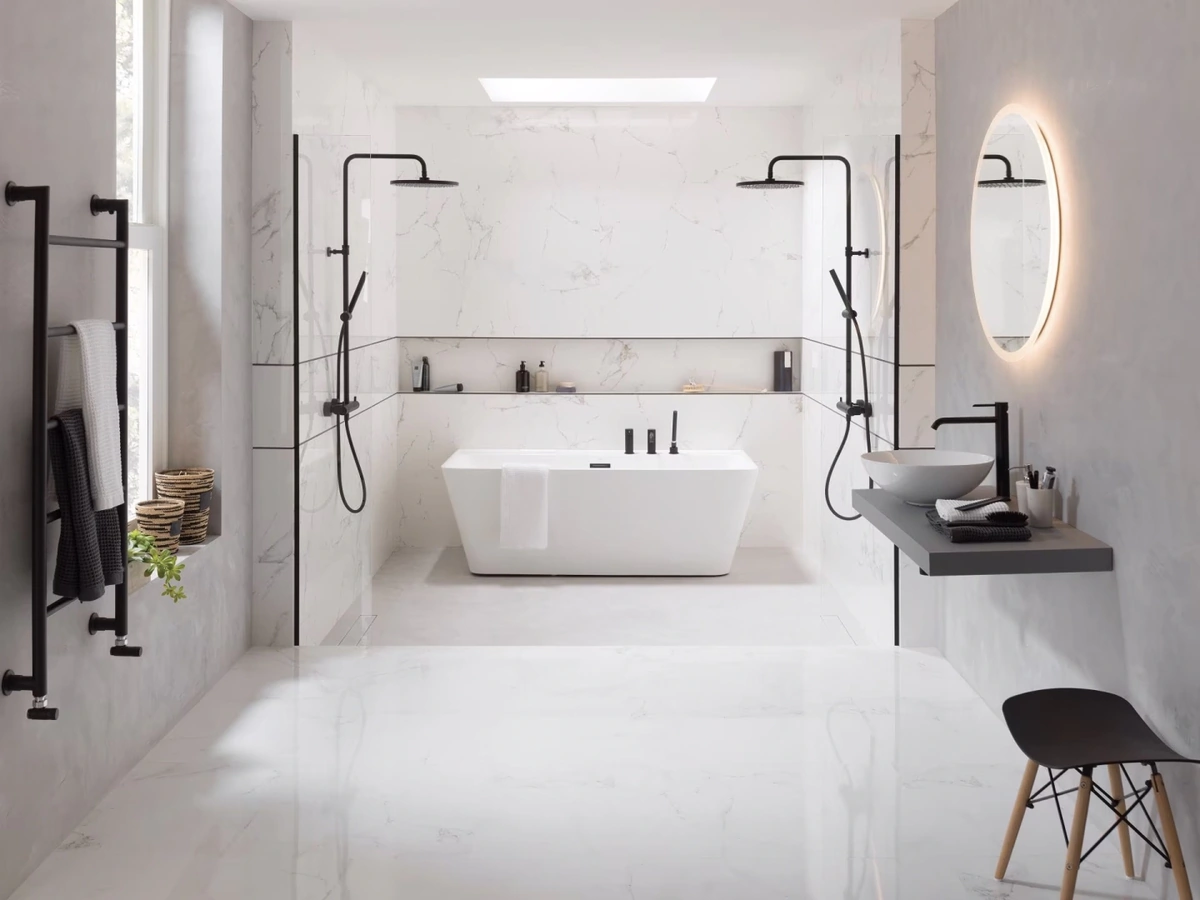 Gres Porcelanosa CARRARA efekt marmur - aranzacja w eleganckiej lazience