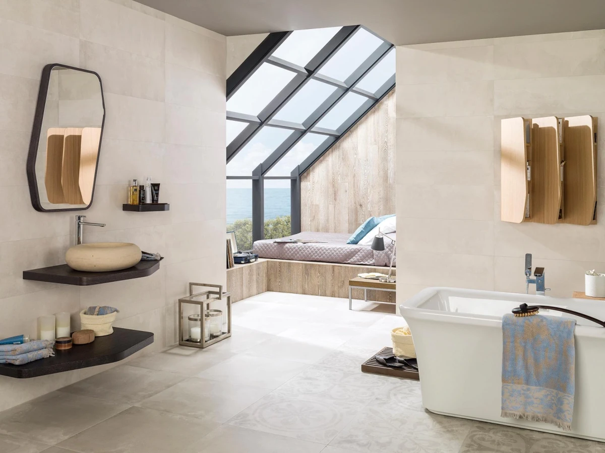 Gres Porcelanosa HARLEM efekt beton - aranzacja w minimalistycznym wnetrzu