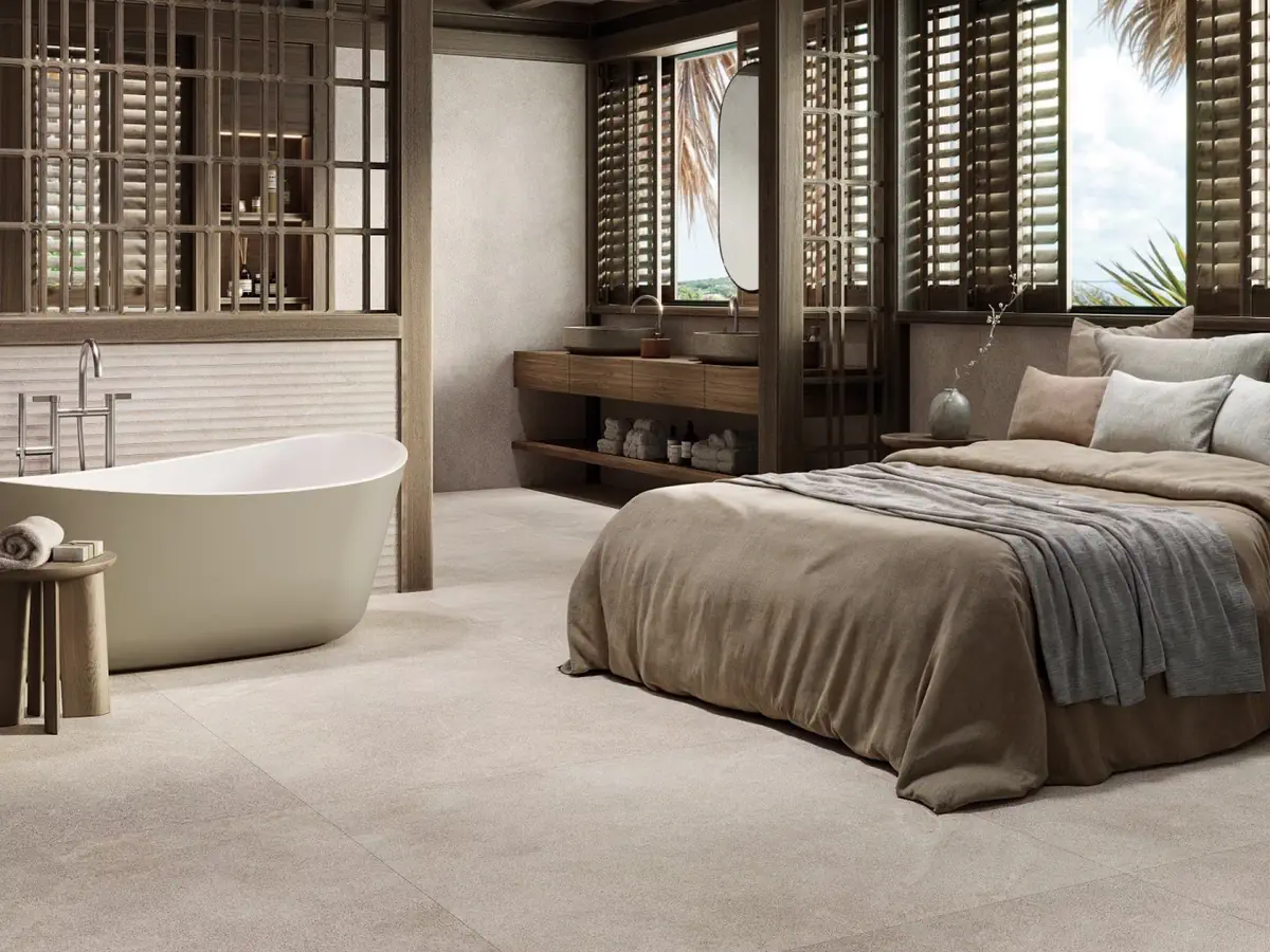 Gres Porcelanosa SAVANNAH efekt kamień - aranzacja w minimalistycznym wnetrzu