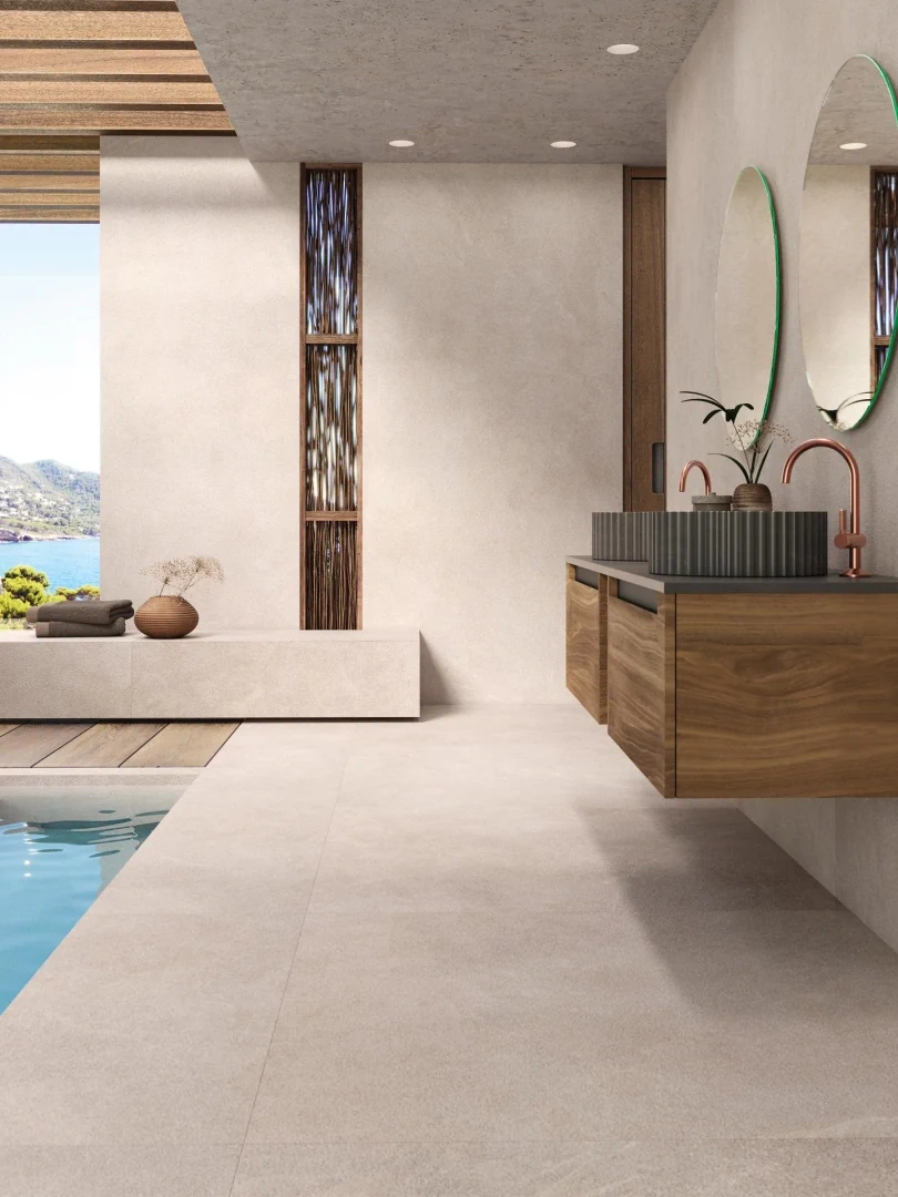 Gres Porcelanosa SAVANNAH efekt kamień - aranzacja w przestronnym holu