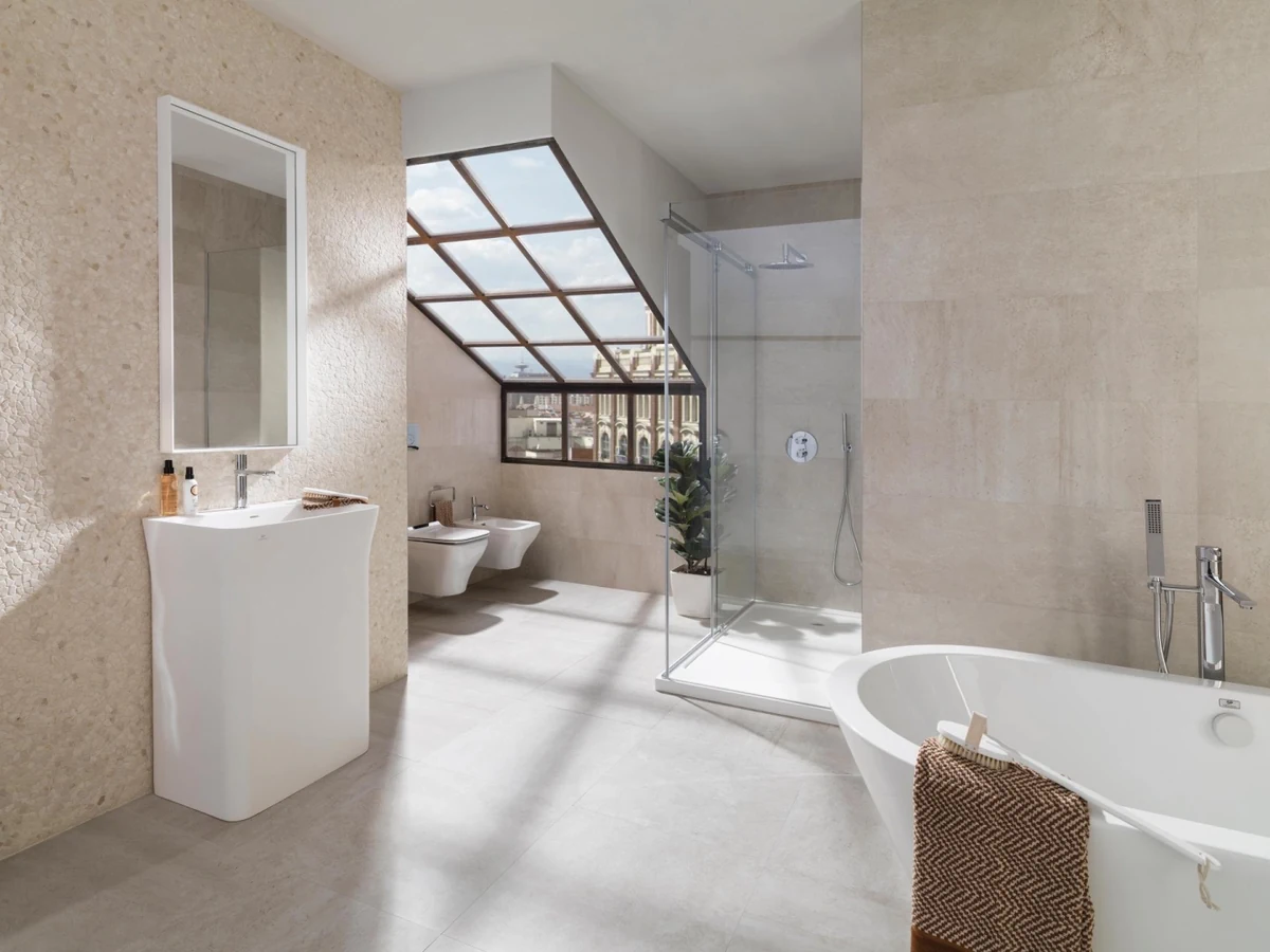 Gres Porcelanosa RODANO efekt beton, kamień - aranzacja w minimalistycznym wnetrzu