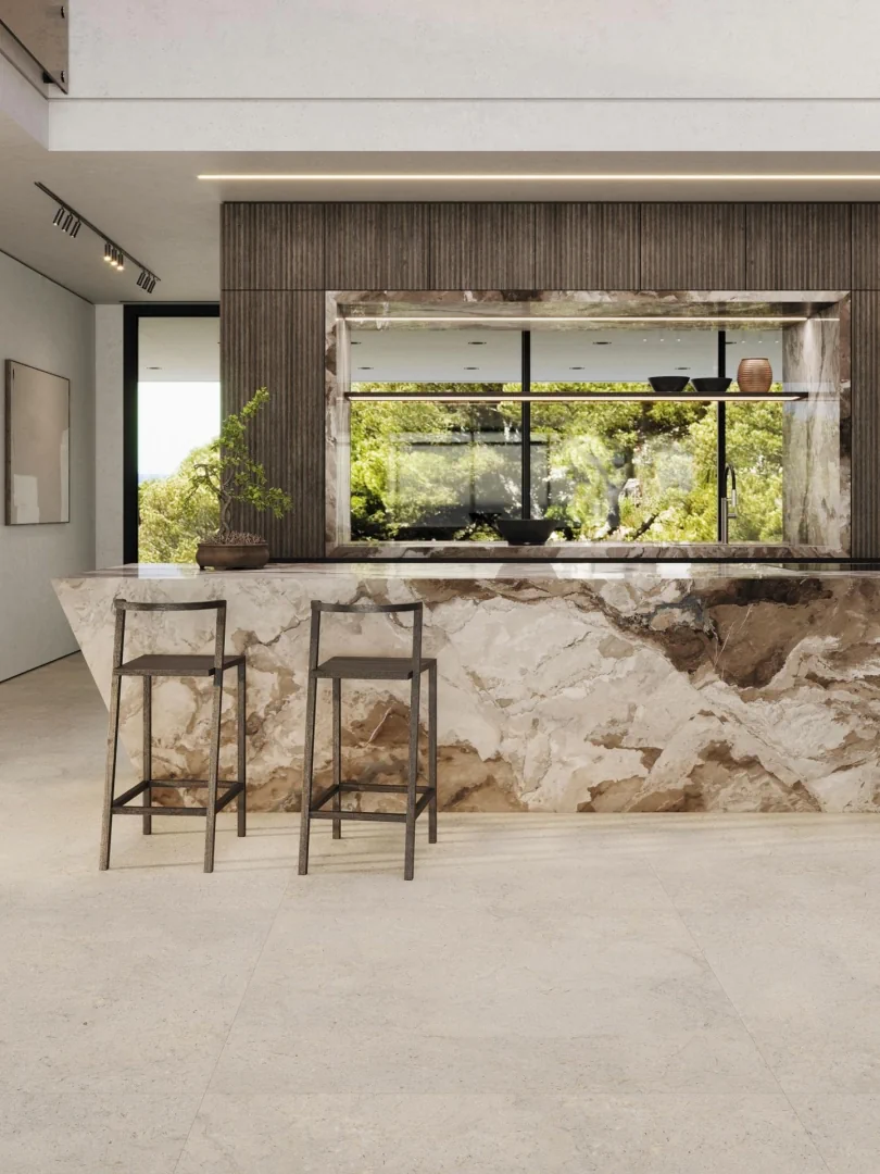 Gres Porcelanosa DORCIA efekt kamień - aranzacja w eleganckiej lazience