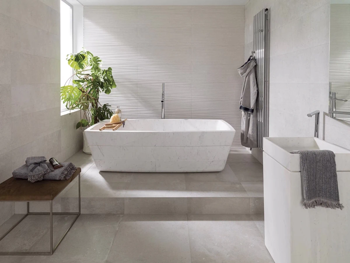 Gres Porcelanosa DOVER efekt beton, kamień - aranzacja w przestronnym holu