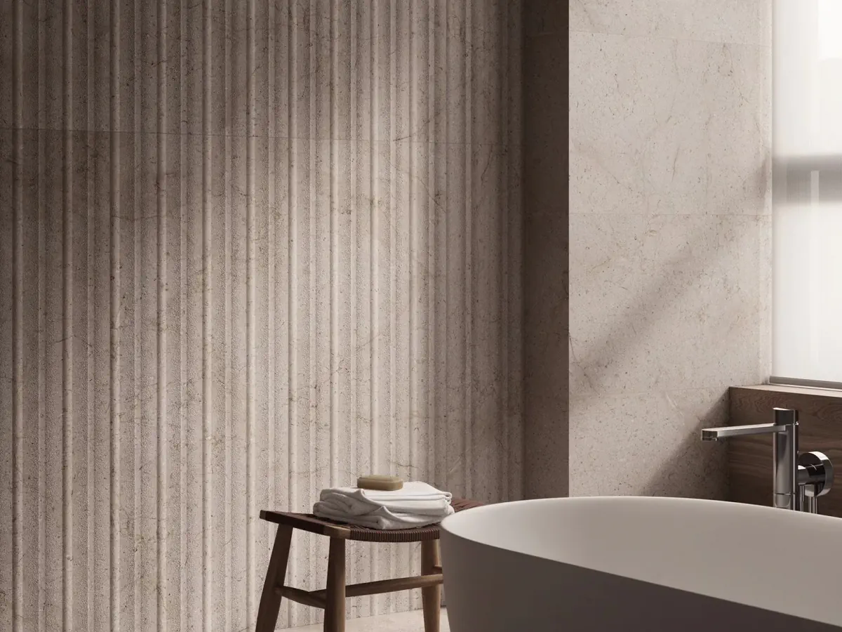 Gres Porcelanosa DORCIA efekt kamień - aranzacja w eleganckiej lazience