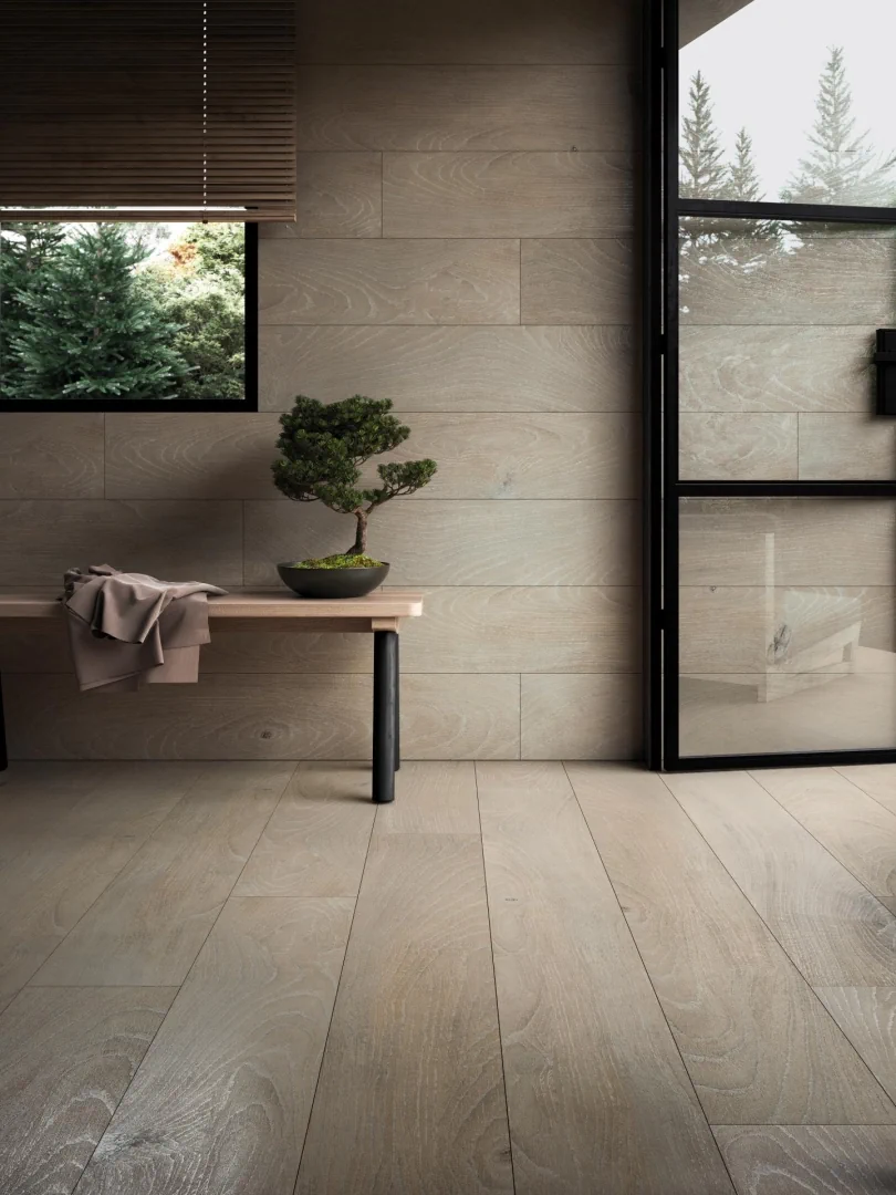 Gres Porcelanosa DEVON efekt drewno - aranzacja w nowoczesnym salonie