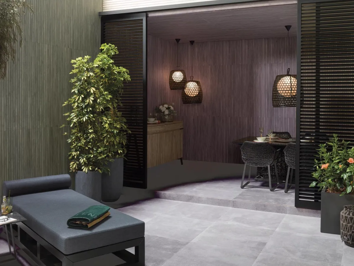 Gres Porcelanosa BOTTEGA efekt beton - aranzacja w minimalistycznym wnetrzu