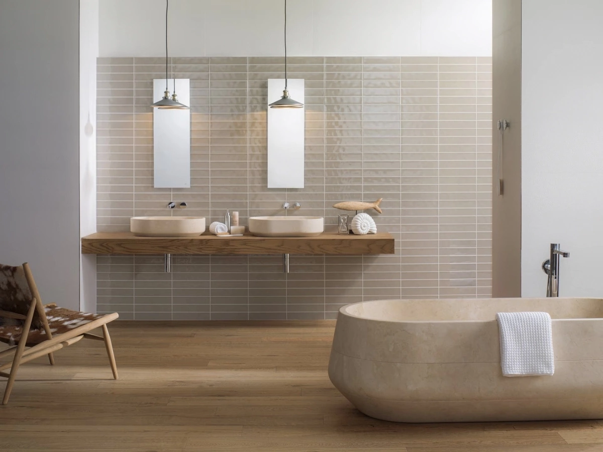 Gres Porcelanosa DELAWARE efekt drewno - aranzacja w nowoczesnym salonie