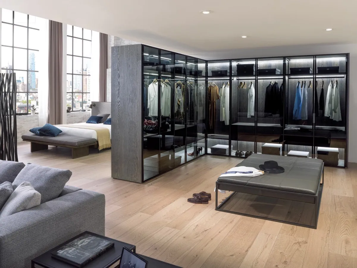 Gres Porcelanosa DELAWARE efekt drewno - aranzacja w strefie dziennej z duzymi przeszkleniami