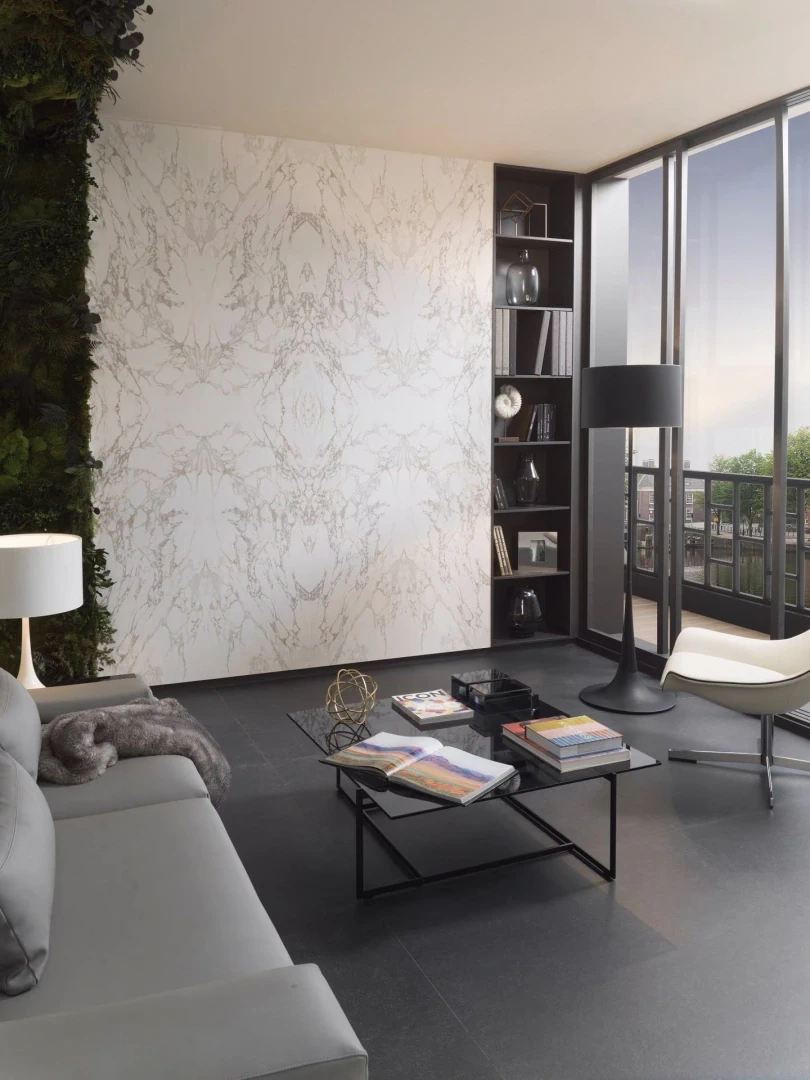 Gres Porcelanosa MASSA efekt marmur - aranzacja w przy kominku