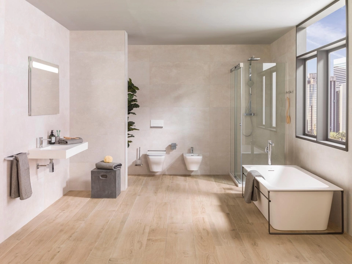 Gres Porcelanosa MANHATTAN efekt drewno - aranzacja w przestronnym holu