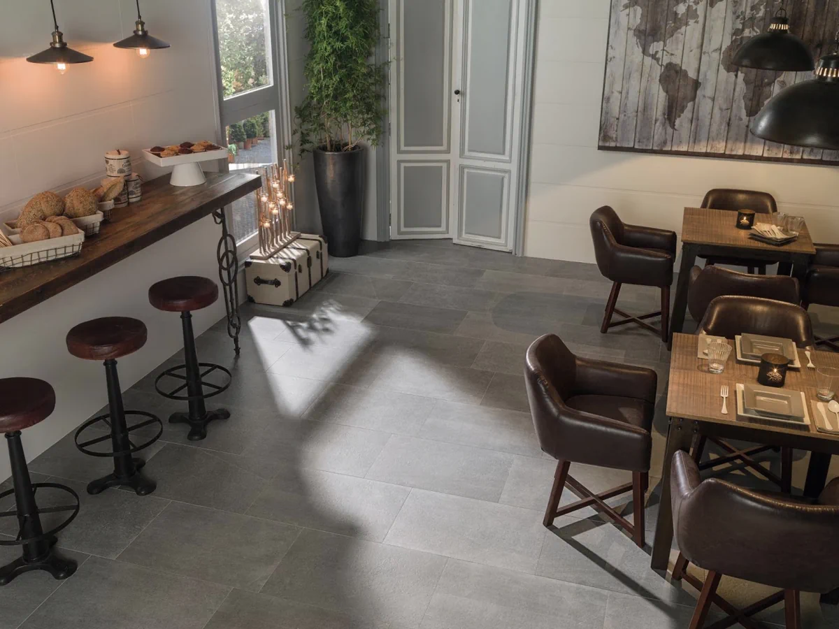 Gres Porcelanosa BOSTON efekt kamień - aranzacja w minimalistycznym wnetrzu