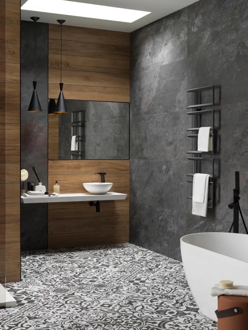 Gres Porcelanosa MANHATTAN efekt drewno - aranzacja w eleganckiej lazience