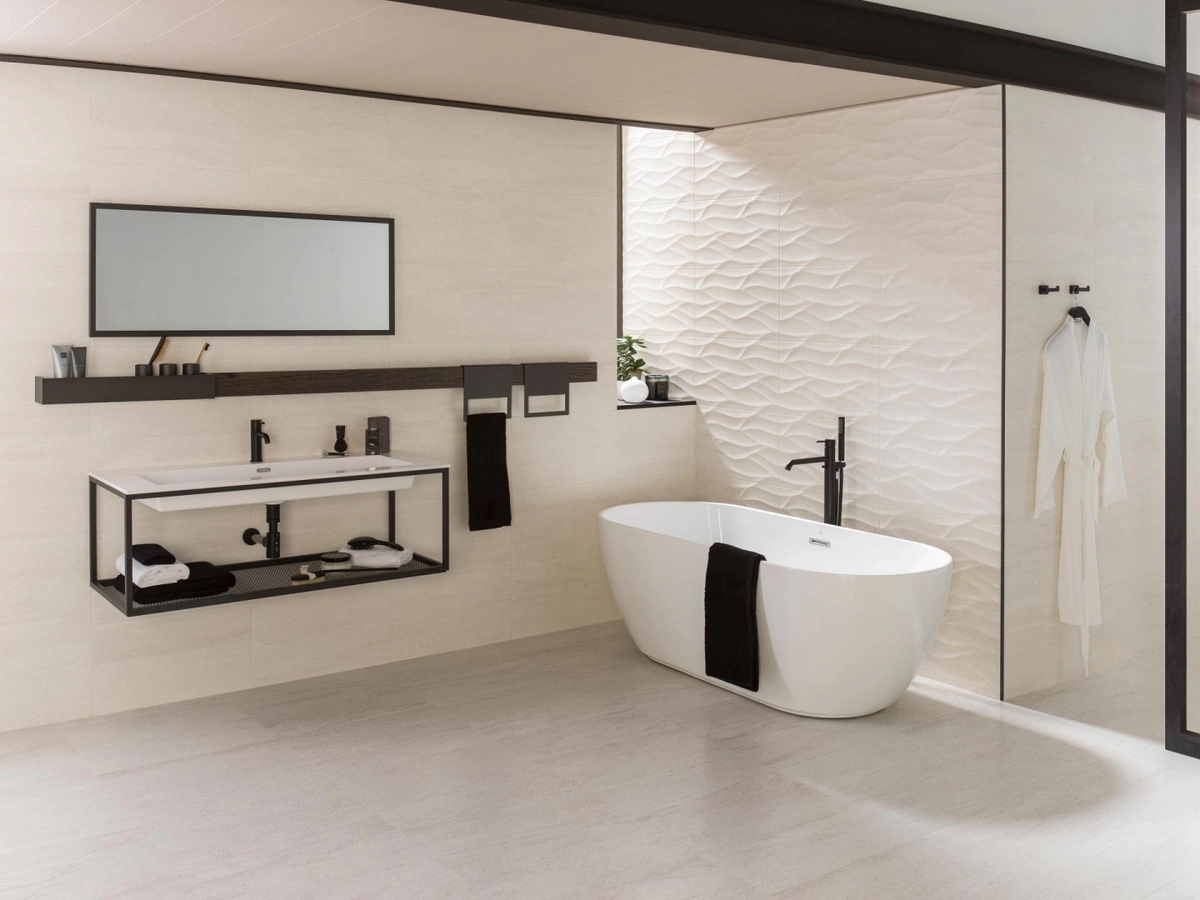 Gres Porcelanosa MADAGASCAR efekt kamień - aranzacja w przestronnym holu