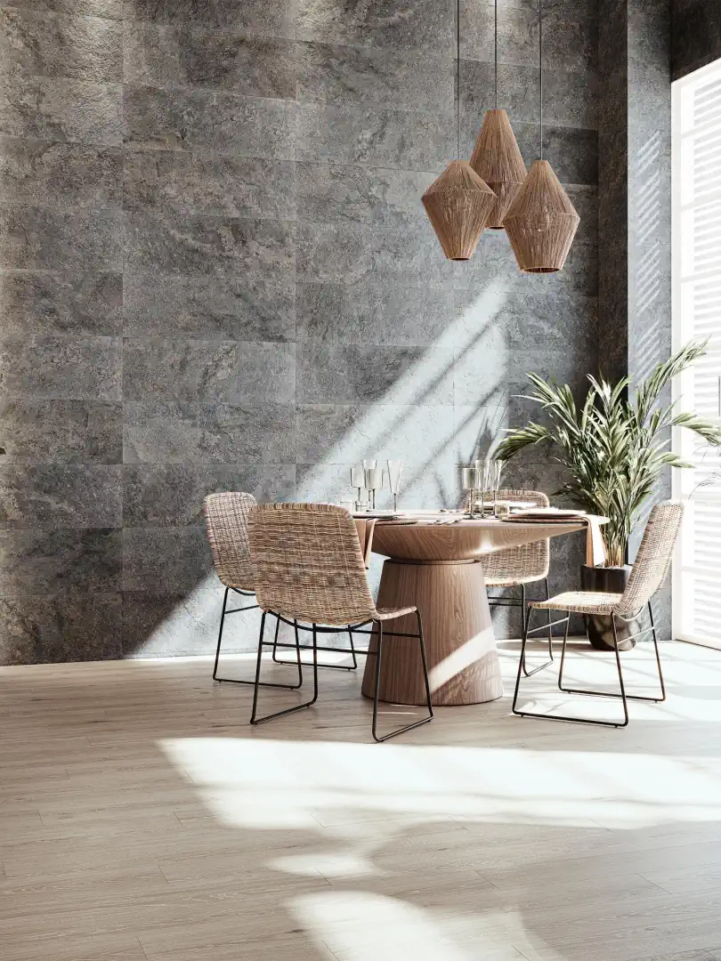 Gres Porcelanosa BREMEN efekt drewno - aranzacja w strefie dziennej z duzymi przeszkleniami