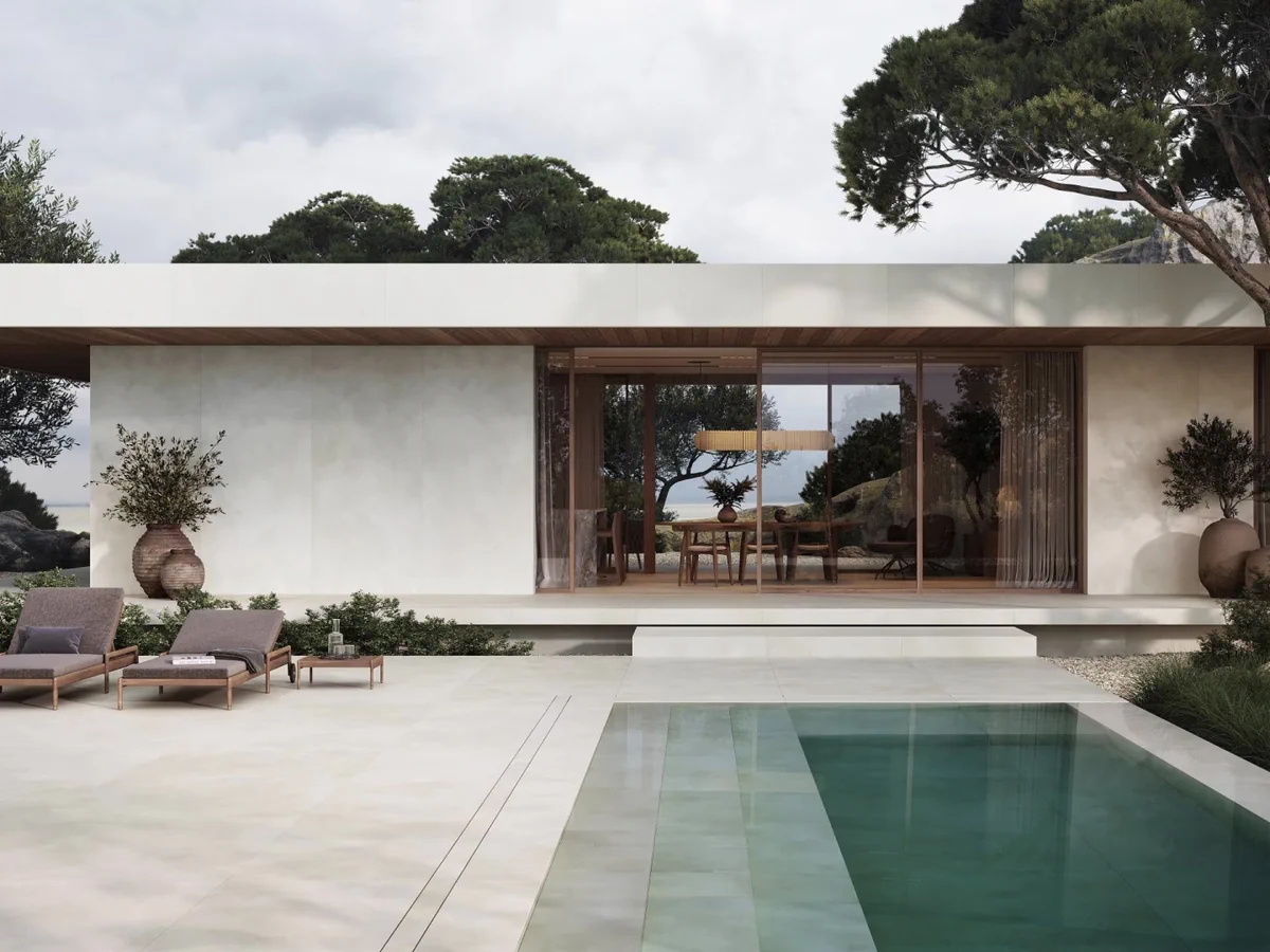 Gres Porcelanosa SANTORINI efekt beton - aranzacja w nowoczesnym salonie