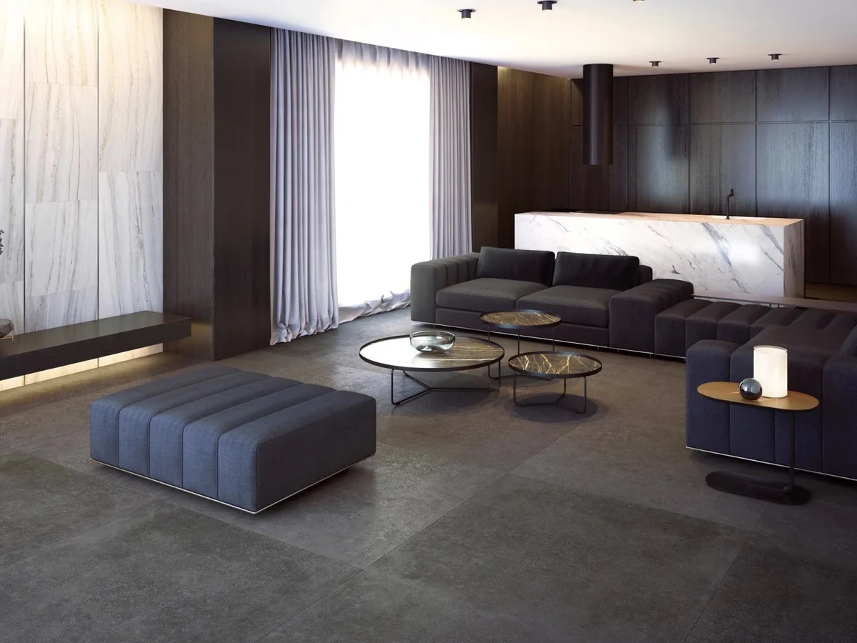 Gres Porcelanosa PORTOFINO efekt marmur - aranzacja w nowoczesnym salonie