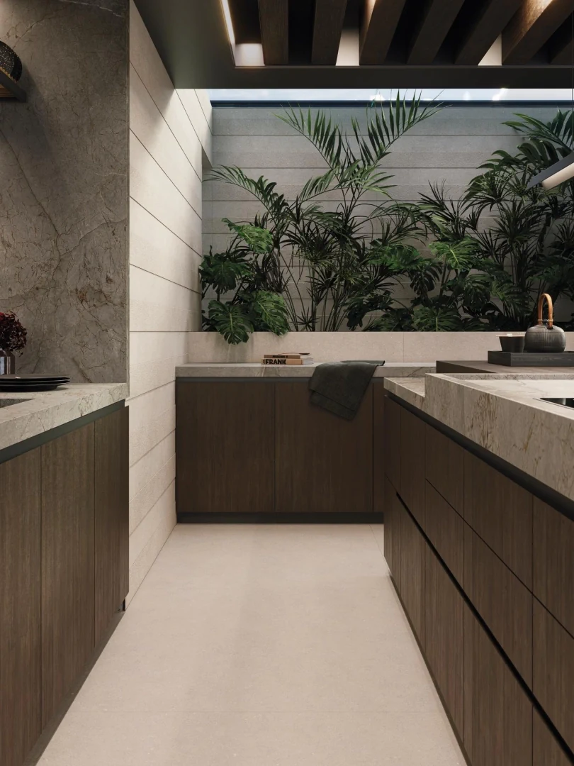 Gres Porcelanosa TERRA efekt beton - aranzacja w nowoczesnym salonie