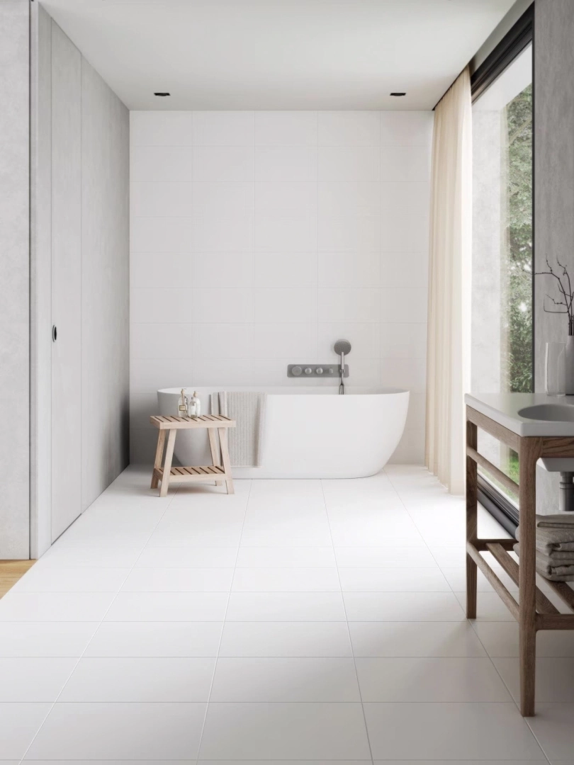 Gres Porcelanosa MARMI CHINA efekt kolor - aranzacja w strefie dziennej z duzymi przeszkleniami
